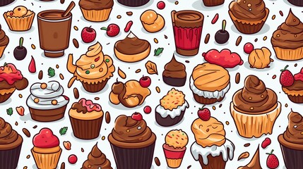 Seamless pattern with cupcakes, muffins, chocolate, cherry, ice cream.