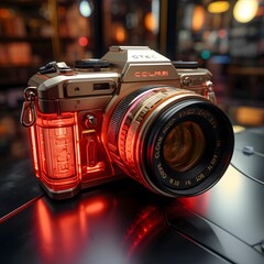 london, england, 05/05/2018 A vintage film SLR camera with a red lens on a black table in a pub or restaurant. - obrazy, fototapety, plakaty