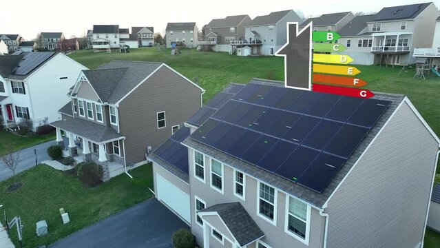 Suburban home with rooftop solar panels and an animated energy efficiency rating scale. Aerial view of A rated home. Modern neighborhood using renewable and sustainable clean energy methods.