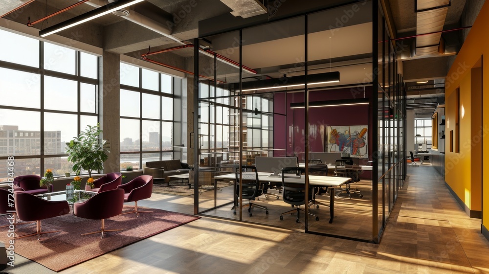 Poster in this openconcept office warm tones of mustard and burgundy are used to create a cohesive and invi