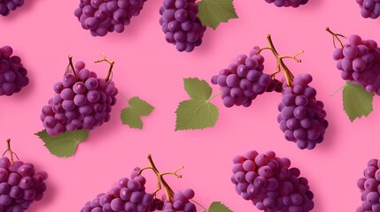 Seamless pattern of purple grapes on a pink background.