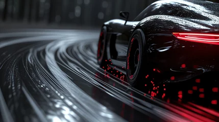 Deurstickers Racing sports car on neon highway. Powerful acceleration of a supercar on a night track with colorful lights and tracks. Blur at high speed. The light trail from the headlights. © Andrey Shtepa