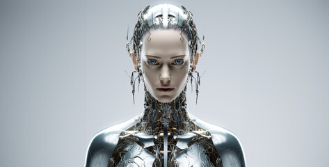ai, robot girl, A gender fluid humanoid shiny silver avatar of an art