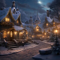 Winter landscape with a wooden house in the village. 3d illustration