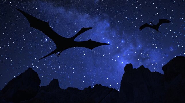 A pair of pterodactyls soaring through the starry night their sharp shadows cast on the ground below.
