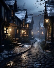 Old town street at night in winter. 3D Rendering.