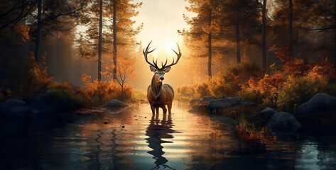 deer in the sunset, big deer with antlers standing near water