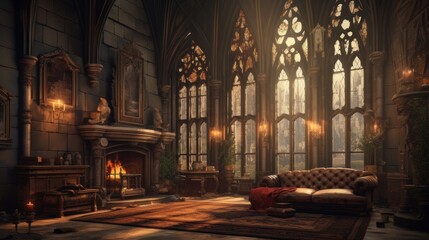 Interior of a cozy room in Gothic style - obrazy, fototapety, plakaty