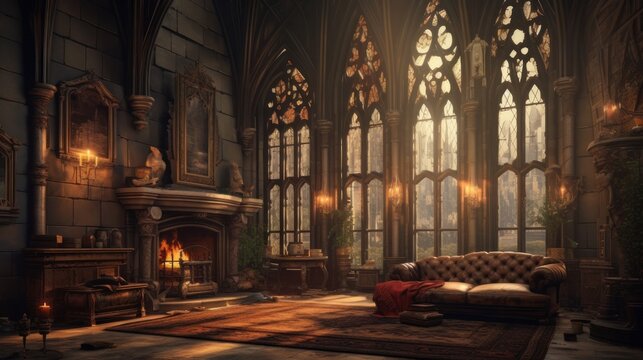 Interior of a cozy room in Gothic style