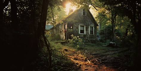 old house in the woods, old house in the woods, scary house in the woods, abandoned house - Powered by Adobe