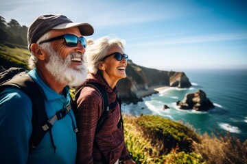 Senior couple admiring the scenic Pacific Ocean coast while hiking, filled with wonder at the beauty of nature during their active retirement