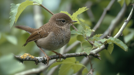 Brown bird perched on a branch with green leaves.