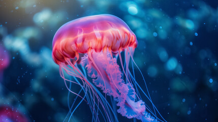 Jellyfish glowing with neon pink and blue lights.