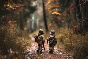 Whimsical Forest Walk with Two Boys, Generative AI