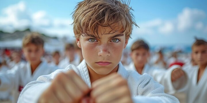 Confident Young Leader: A Smiling Girl with a White Belt Stands Proudly Before Her Karate Class, Inspiring Dedication and Team Spirit, Generative AI - Powered by Adobe
