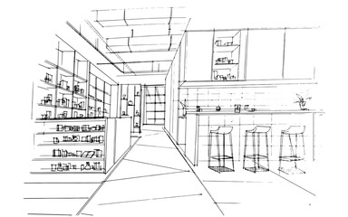 Drawing exterior and interior architectural lines. , Graphic assembly in architecture and interior design work. ,Sketch ideas for interior or exterior designs.