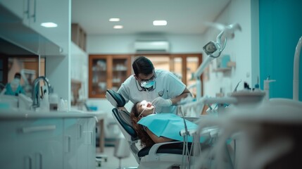 Obraz premium at the dentist, on the chair repairing, checking, cleaning, teeth, doctor and the patient 