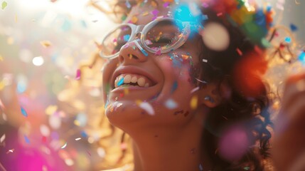 Joyful Woman Celebrating with Confetti and Glitter at Carnival