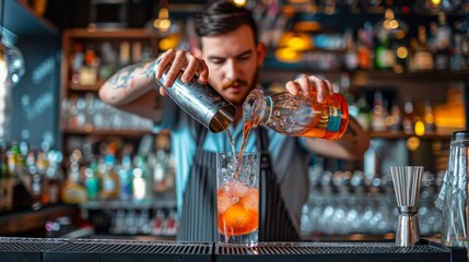 male bartender preparing a cocktail at bar in the pub, restaurant, pub, man - obrazy, fototapety, plakaty