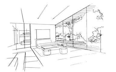 Interior design sketch of a modern home living room. , Graphic assembly in architecture and interior design work. ,Sketch ideas for interior or exterior designs.