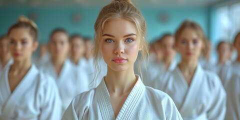 Obraz premium Confident Young Leader: A Smiling Girl with a White Belt Stands Proudly Before Her Karate Class, Inspiring Dedication and Team Spirit, Generative AI