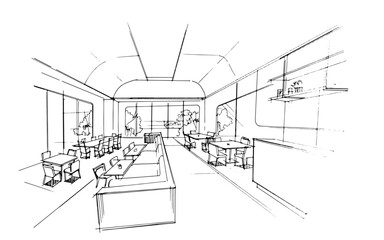 Restaurant interior design sketch. , Graphic assembly in architecture and interior design work. ,Sketch ideas for interior or exterior designs.