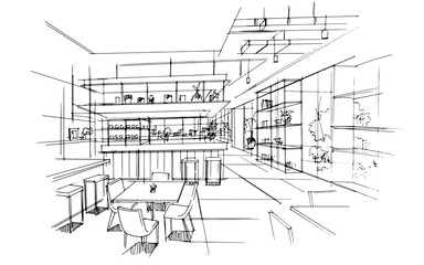Restaurant interior design sketch. , Graphic assembly in architecture and interior design work. ,Sketch ideas for interior or exterior designs.