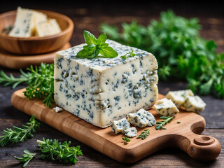 Fototapeta na wymiar Gorgonzola cheese with herbs on a wooden board, selective focus