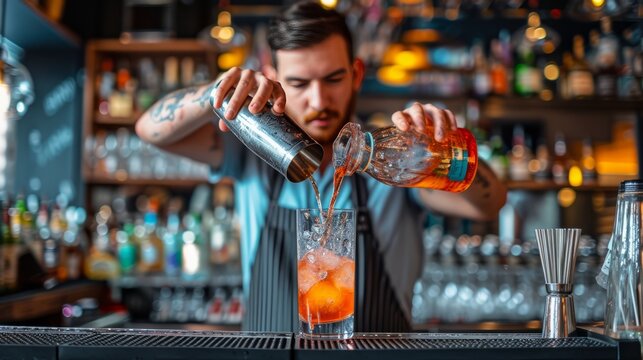 male bartender preparing a cocktail at bar in the pub, restaurant, pub, man