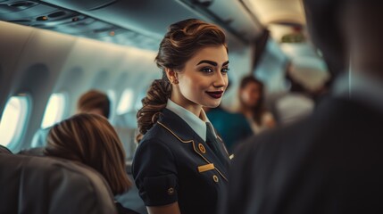Fototapeta na wymiar Female flight attendant in the uniform on the plain, pilot, women, smiling