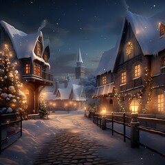 Winter city street at night. Christmas and New Year holidays concept.