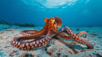 large orange octopus swimming in a reef in the ocean, sea, predator  - obrazy, fototapety, plakaty
