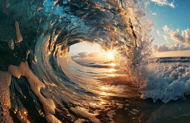 Fish-Eye Lens on Golden Ocean Waves At Sunset ,Generatve Ai