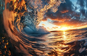 The Golden Hour: A Vibrant Sunset Wave Interior, Generative AI