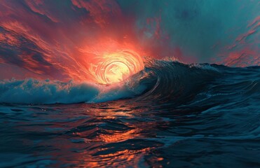 Azure Ocean Beauty at Dusk, Fish-Eye View of Waves , Generative AI