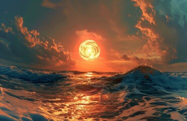 Nature’s Celebration: Bold Colors Inside a Wave at Sunset , Generative AI