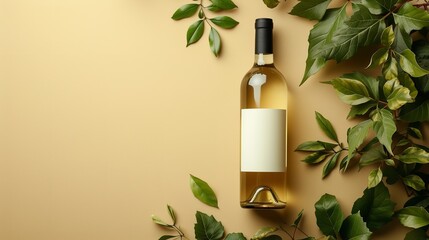 A big copy space with a bottle of white wine mockup bottle against a yellowish backdrop, Generative AI.