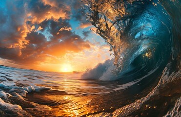 Sunset’s Embrace: Golden and Azure Hues Inside The Wave , Generative AI