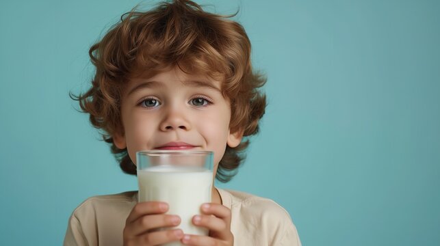 A charming young boy sipping milk from a glass against an opaque blue backdrop, space, Generative AI.