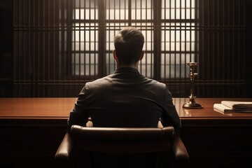 Male lawyer sitting at the table and looking at the window in courtroom. Law, legal services, advice, Justice and real estate concept.