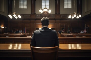 Male lawyer in suit sitting at the table in a courtroom or law enforcement office, rear view. Law, legal services, advice, Justice and real estate concept.