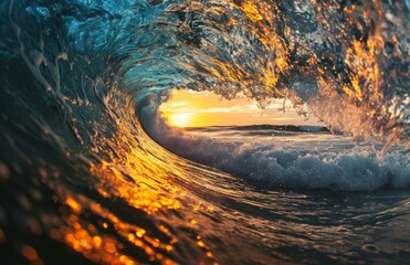 Vibrant Ocean Canvas: Gold and Azure Interplay at Sunset , Generative AI