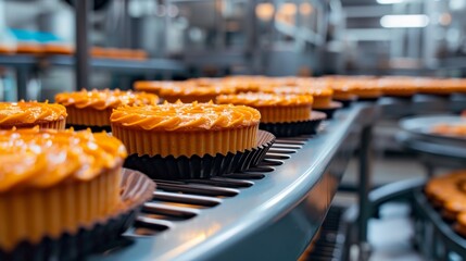 Fototapeta na wymiar Cakes on automation circular conveyor machine in bakery food factory, production line
