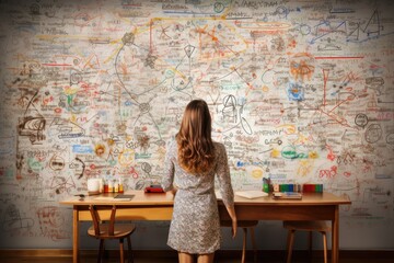 Back view of a young female teacher standing at desk in a classroom and looking at sketches on wall. education concept.