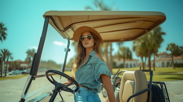Template with model sitting in the golf car for advertising banner or poster