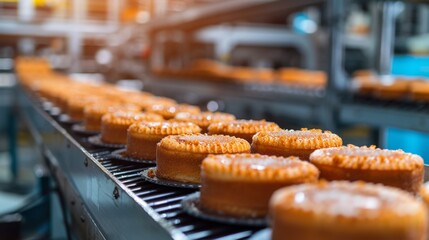 Fototapeta na wymiar Cakes on automation circular conveyor machine in bakery food factory, production line