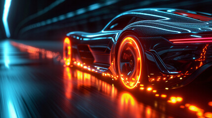 Racing sports car on neon highway. Powerful acceleration of a supercar on a night track with colorful lights and tracks. Blur at high speed. The light trail from the headlights.