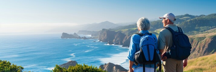 Senior couple admiring the scenic Pacific Ocean coast while hiking, filled with wonder at the beauty of nature during their active retirement