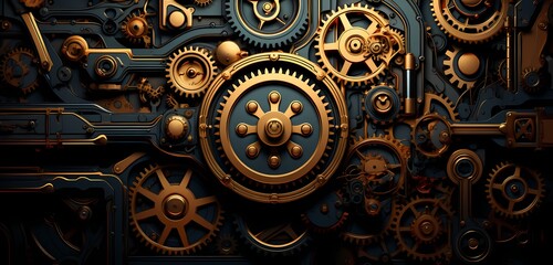 Intricate gears and cogs seamlessly interlocking in an AI-generated steampunk-inspired design on a deep black background