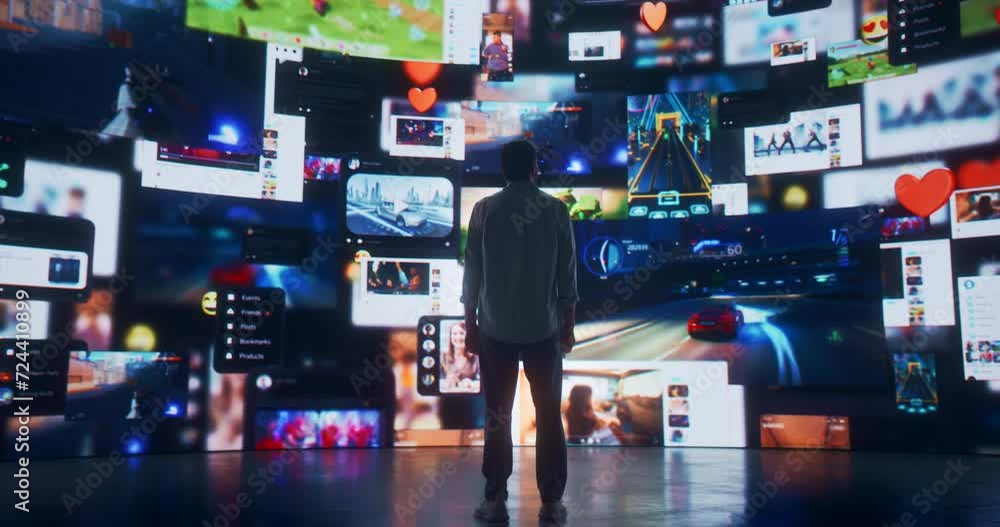 Aufkleber back view of caucasian man entering 3d cyberspace with animated social media interfaces, online vide